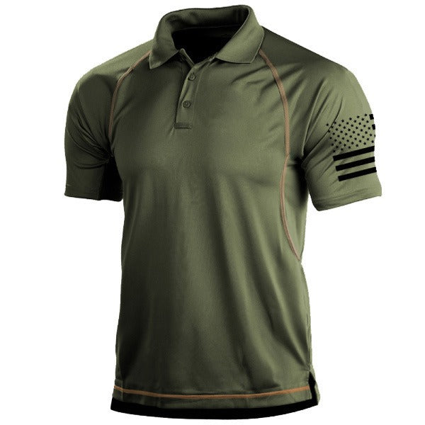 Green polo shirt with a small black flag design on a white background