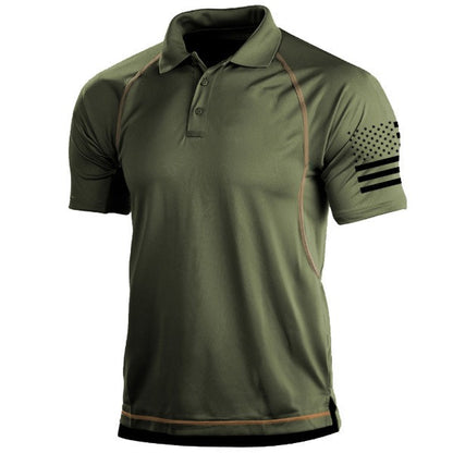 Green polo shirt with a small black flag design on a white background