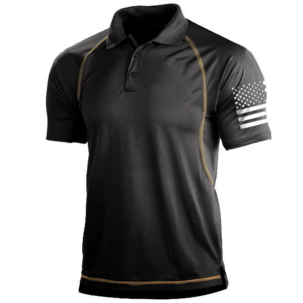 Black polo shirt with a flag design on a white background