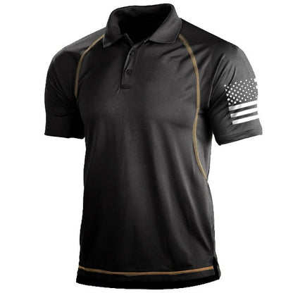 Black polo shirt with a flag design on a white background