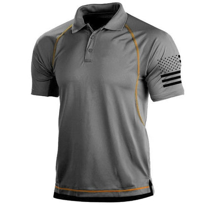 Gray polo shirt with black and orange accents on a white background
