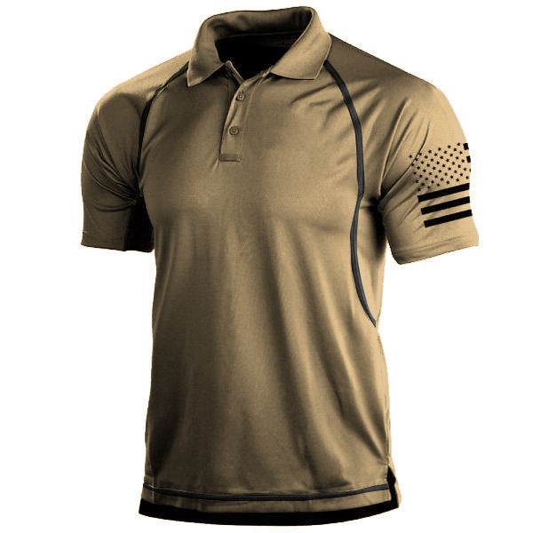 Khaki polo shirt with black accents on a white background