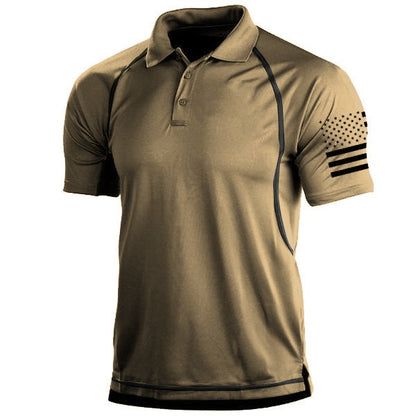 Khaki polo shirt with black accents on a white background