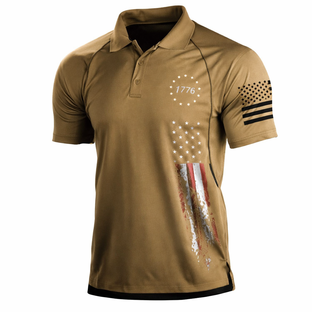 Brown polo shirt with American flag design and text on a white background