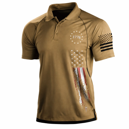 Brown polo shirt with American flag design and text on a white background