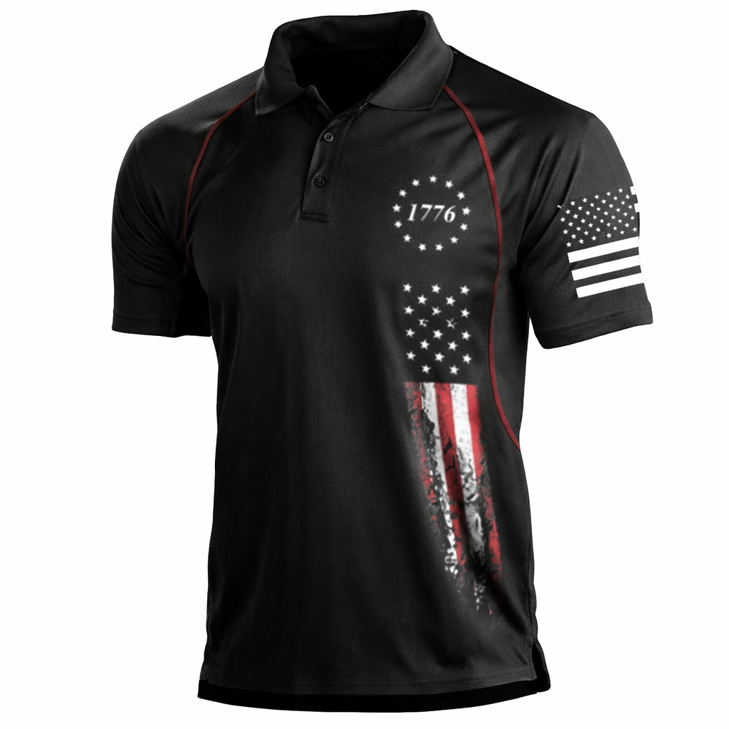 Black polo shirt with American flag design and '1776' on a white background