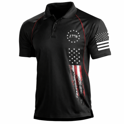 Black polo shirt with American flag design and '1776' on a white background