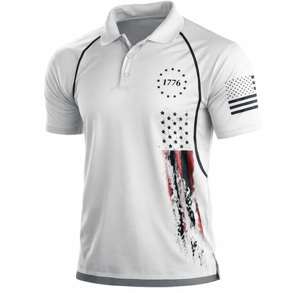 White polo shirt with American flag design and text on a white background