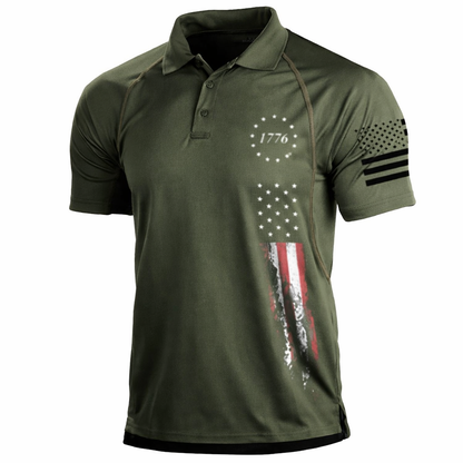 Green polo shirt with American flag design on a white background