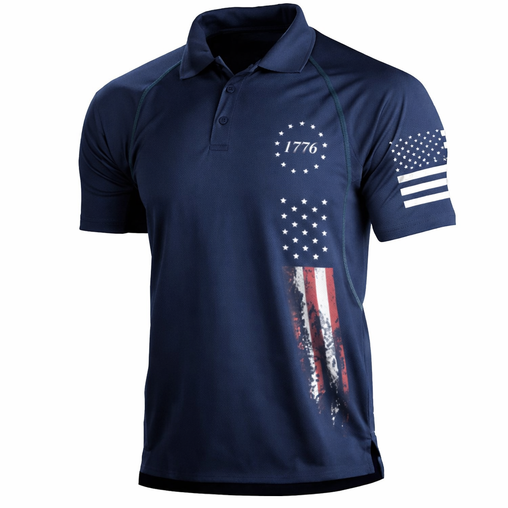 Navy blue polo shirt with American flag design and '1776' on a white background