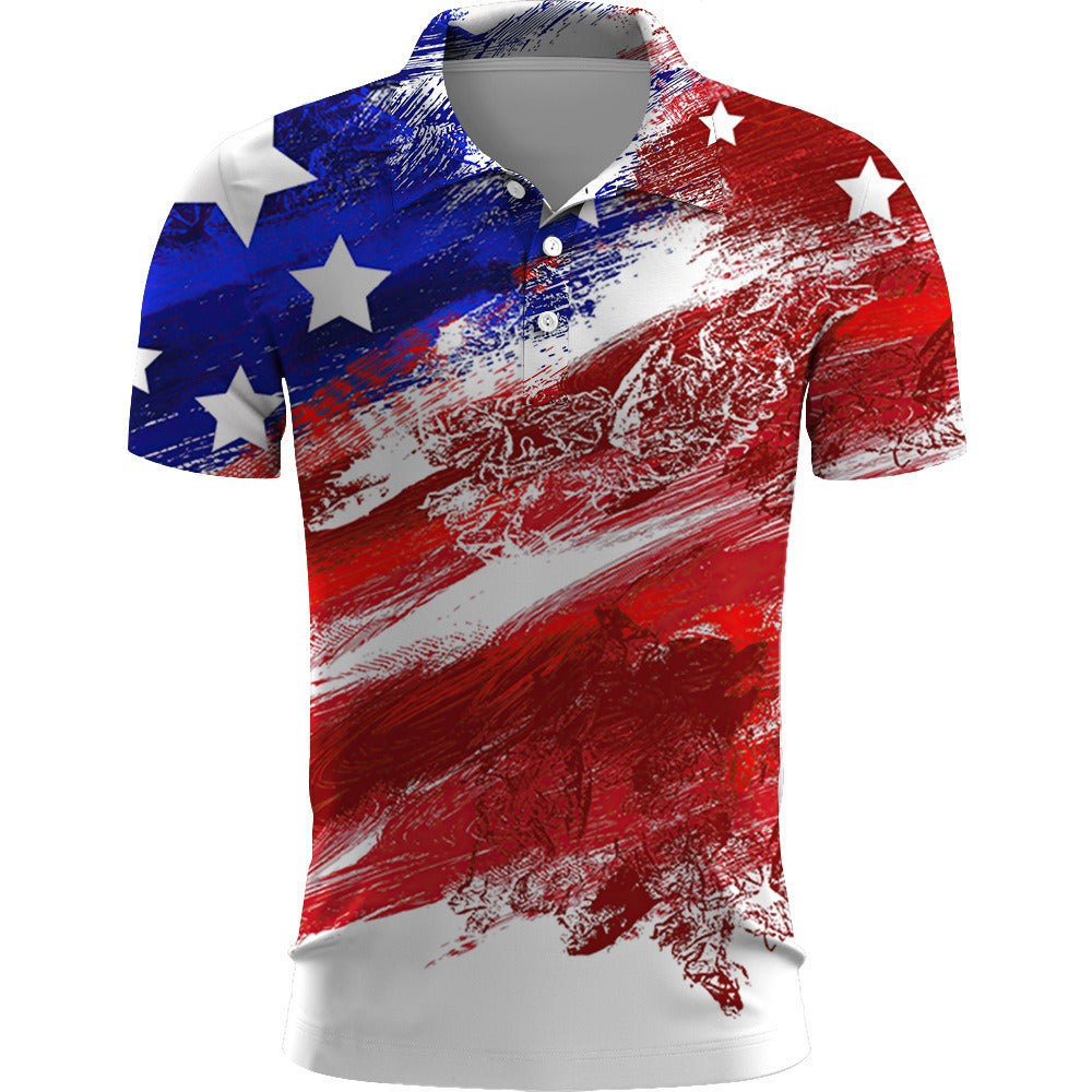 Polo shirt with a design resembling the American flag on a white background