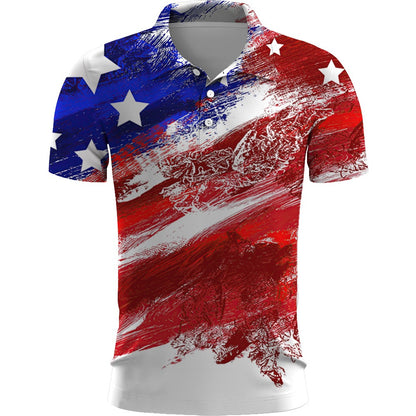 Polo shirt with a design resembling the American flag on a white background