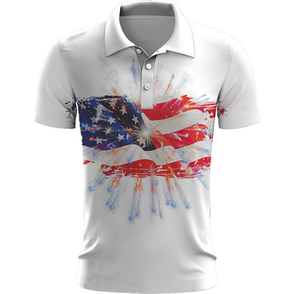 White polo shirt with a colorful American flag design on a white background