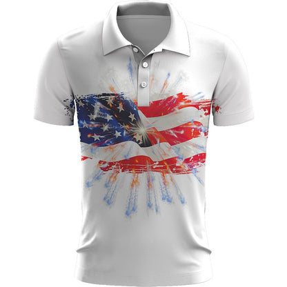 White polo shirt with a colorful American flag design on a white background