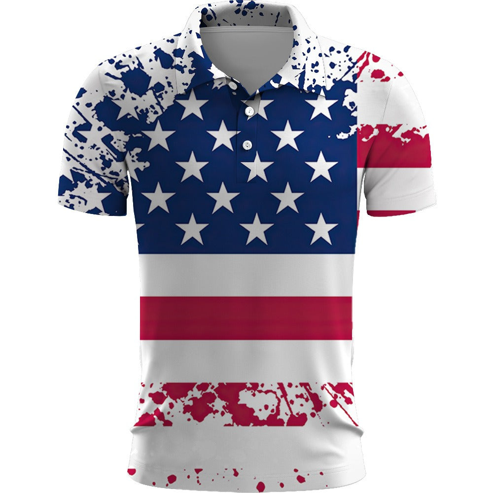 Polo shirt with American flag design on a white background