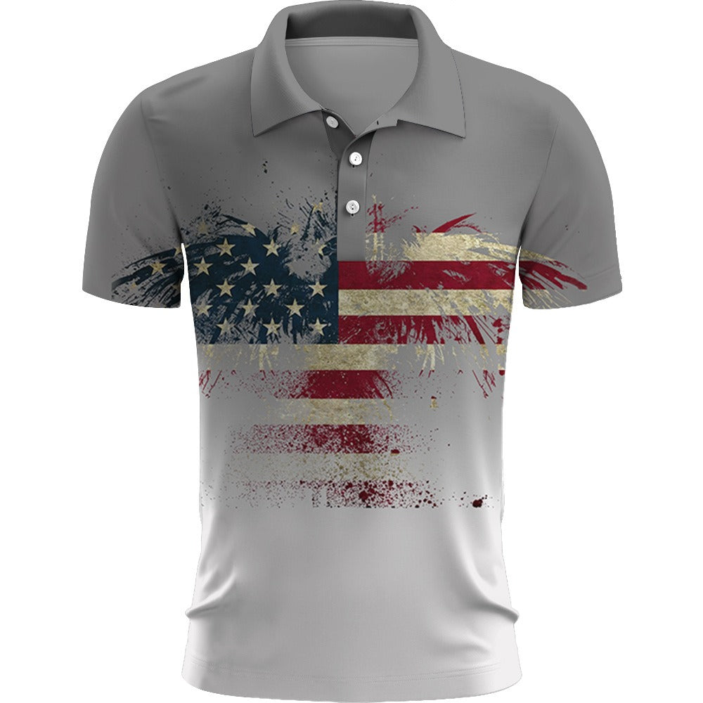 Gray polo shirt with American flag design on a white background