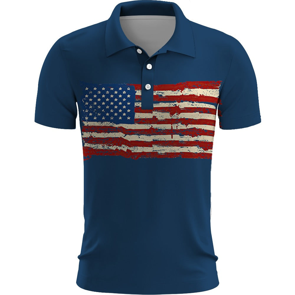 Blue polo shirt with American flag design on a white background