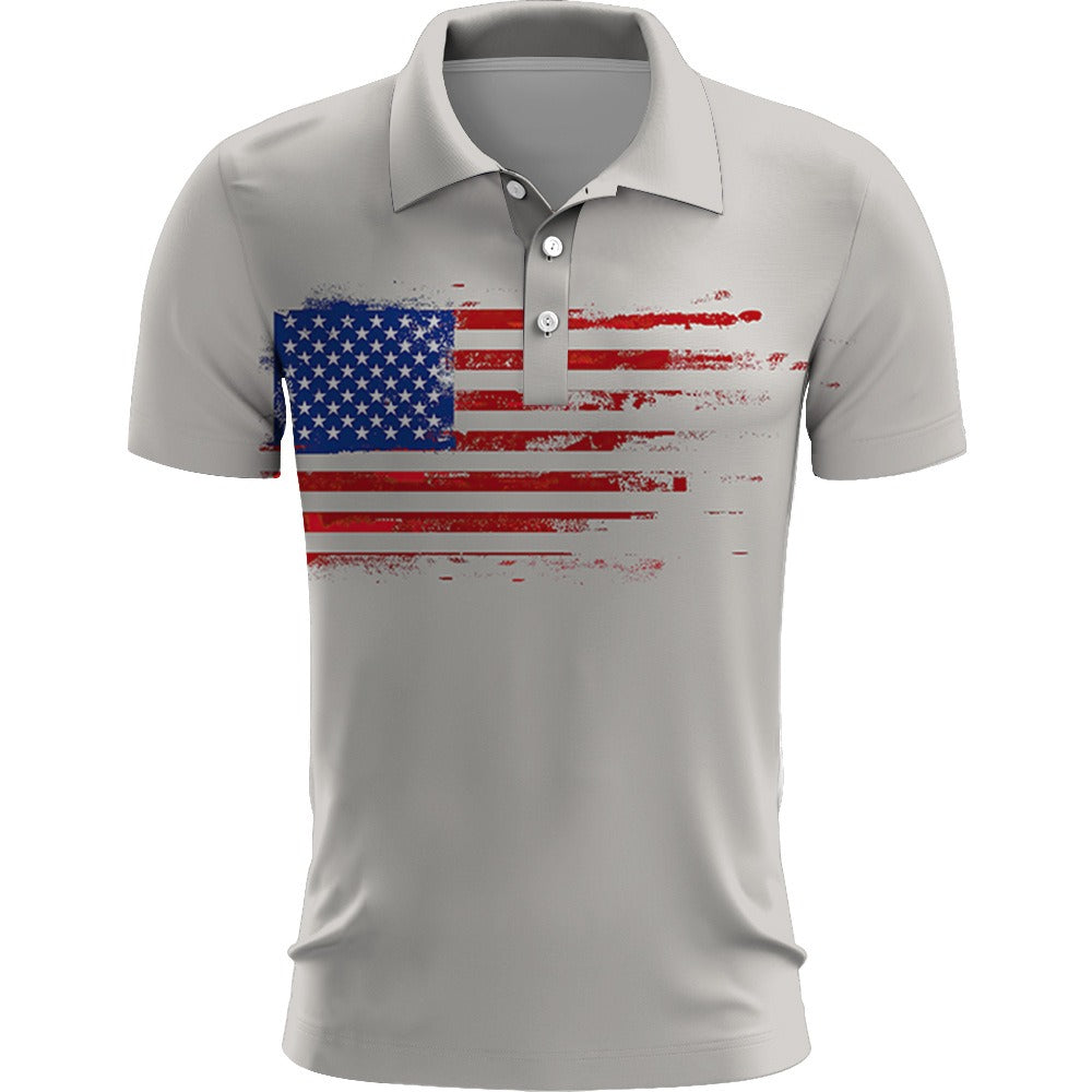 Gray polo shirt with American flag design on a white background