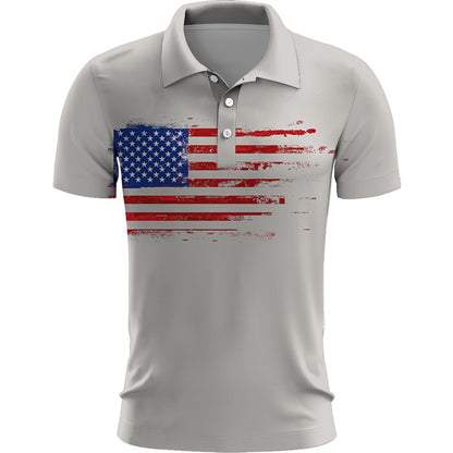 Gray polo shirt with American flag design on a white background