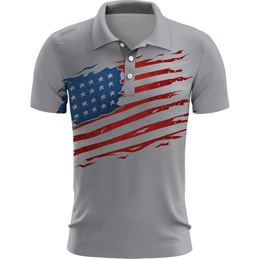 Gray polo shirt with American flag design on a white background