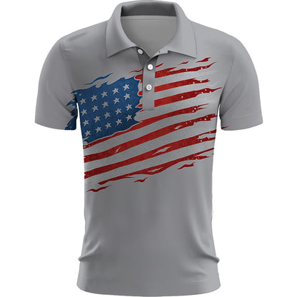 Gray polo shirt with American flag design on a white background