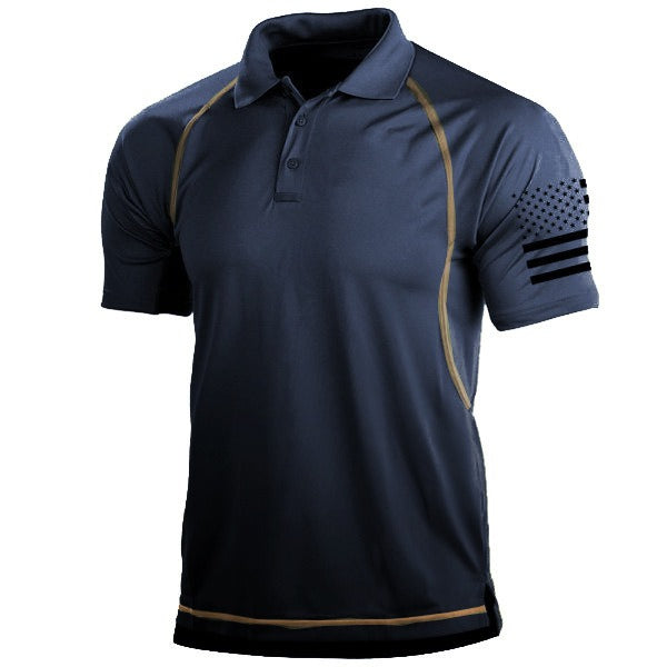 Navy blue polo shirt with brown accents on a white background