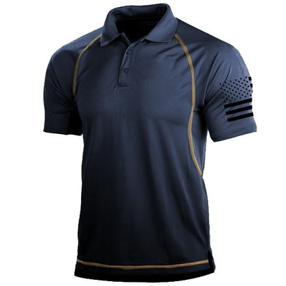 Navy blue polo shirt with brown accents on a white background
