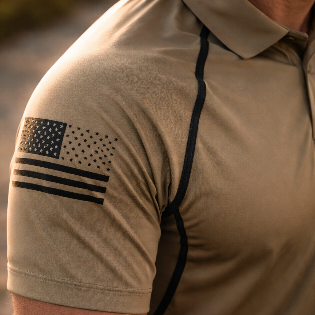 Man wearing a beige polo shirt with a flag design on the sleeve, blurred natural background