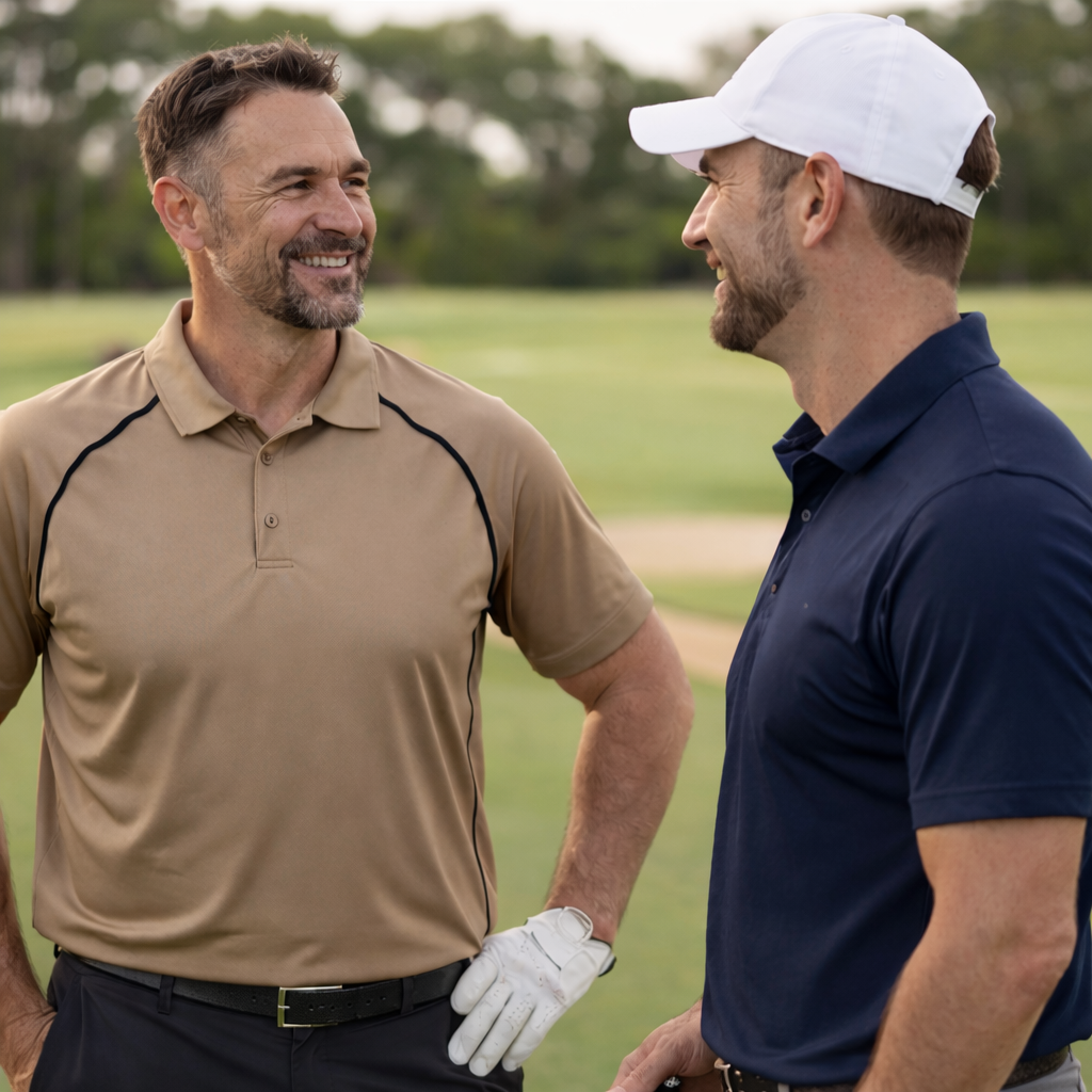 Two men on a golf course talking to each other
