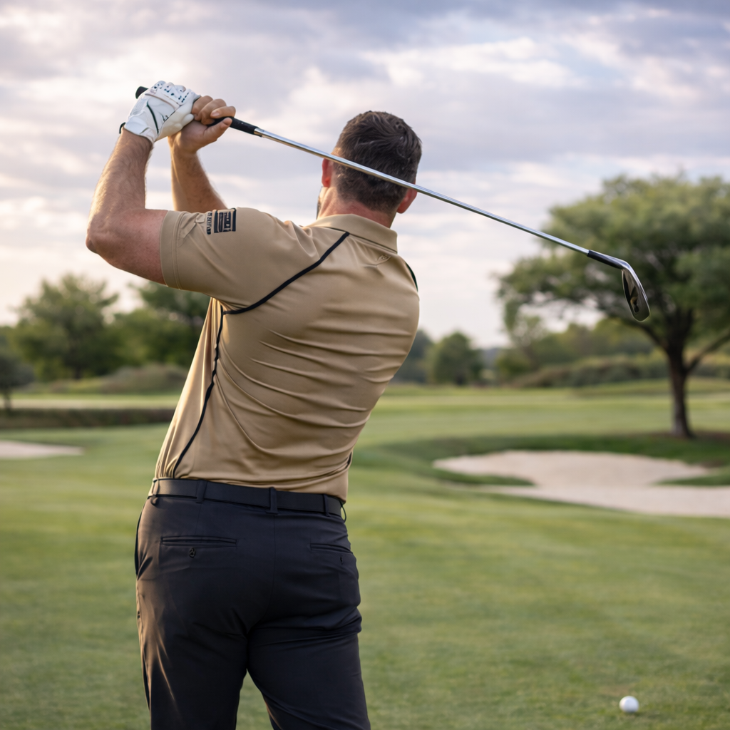 Man playing golf on a green course with trees and sky in the background