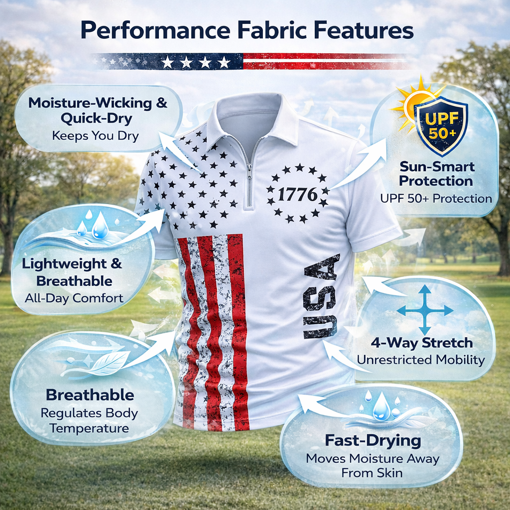 USA-themed performance fabric shirt with features highlighted on a grassy field background