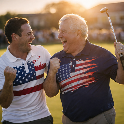 Two men on a golf course celebrating, wearing polo shirts with American flag designs.