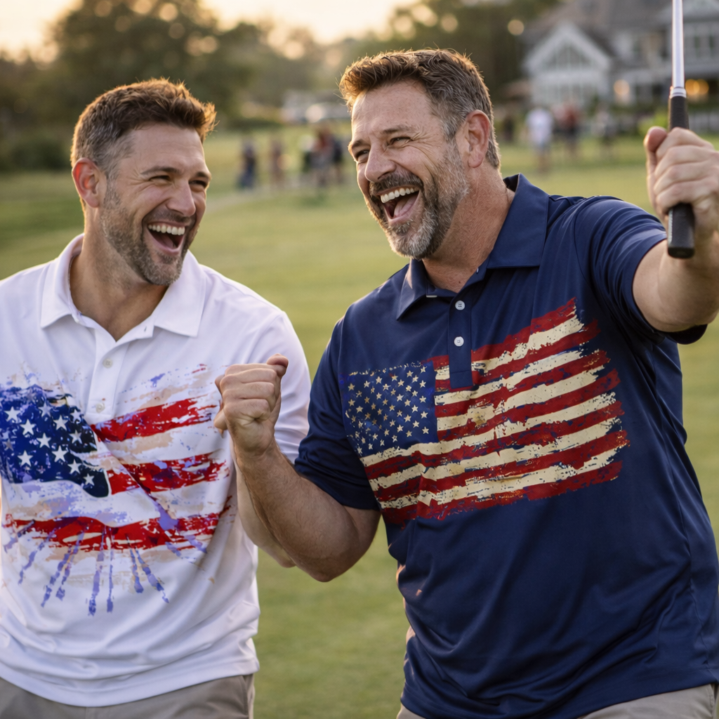 Two men on a golf course wearing shirts with American flag designs, one holding a golf club.