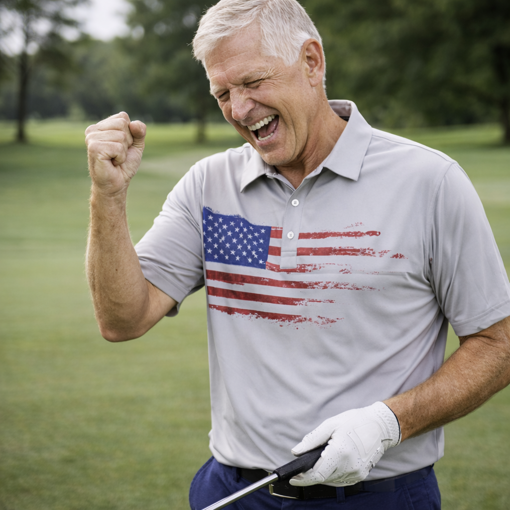 Man celebrating on a golf course wearing a gray polo shirt with an American flag design.