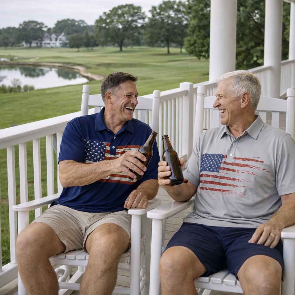 Two men sitting on a porch with American flag shirts, holding beer bottles, and smiling.