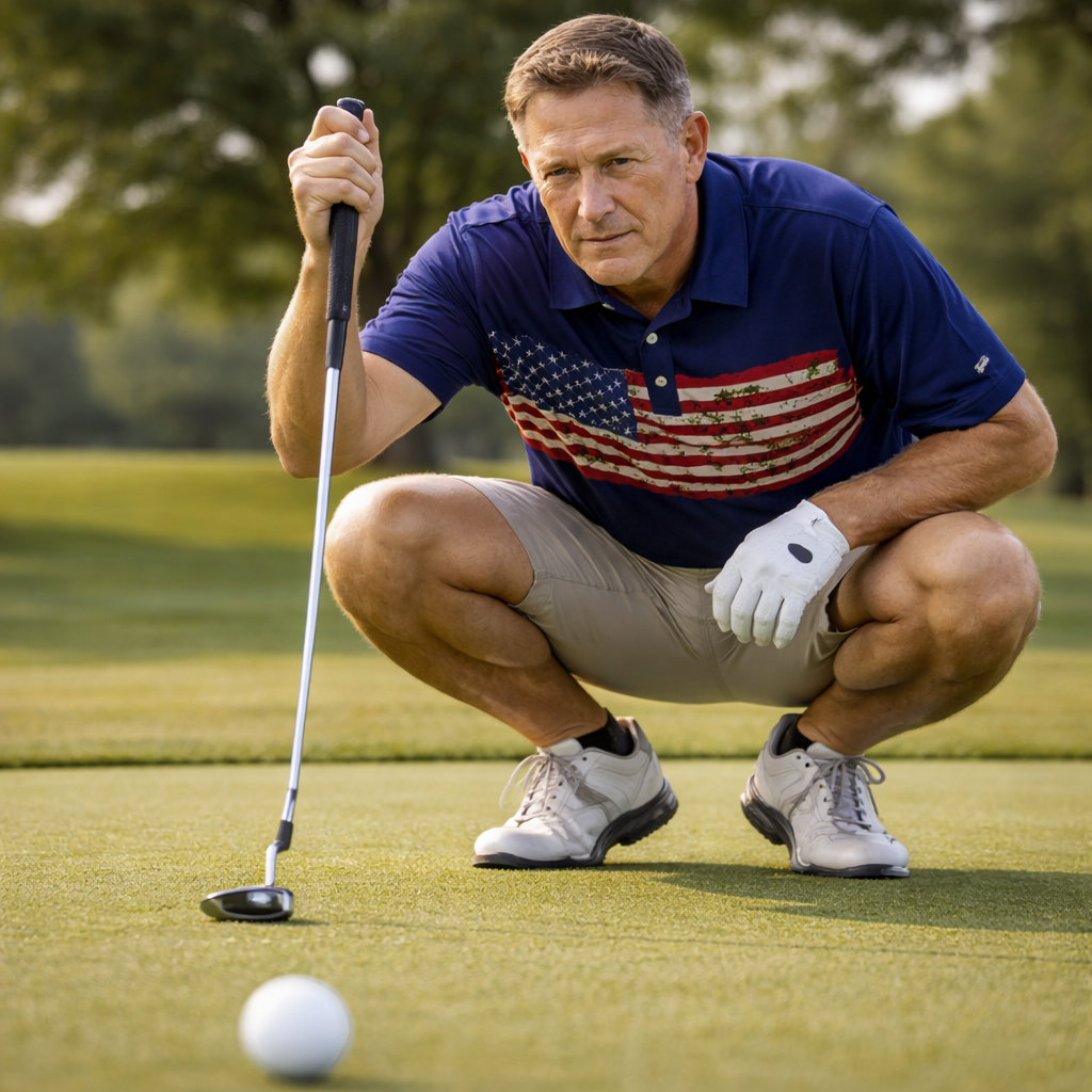 Man in a blue shirt with an American flag design on a golf course, preparing to putt.