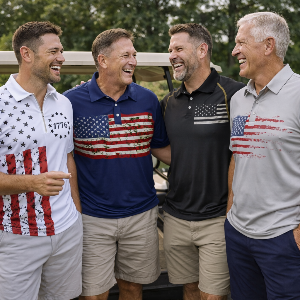 Four men laughing together outdoors, wearing polo shirts with American flag designs.