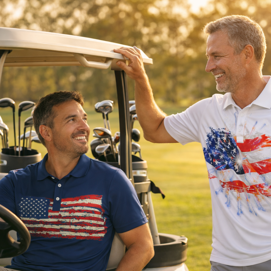 Two men in golf carts on a golf course with American flag shirts.